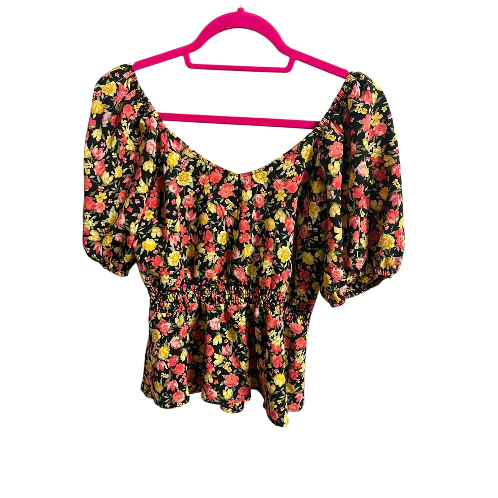 Meraki Floral Puff Sleeve Top M Keyhole Milkmaid Romantic Peasant Prairie Red Size M - Image 3