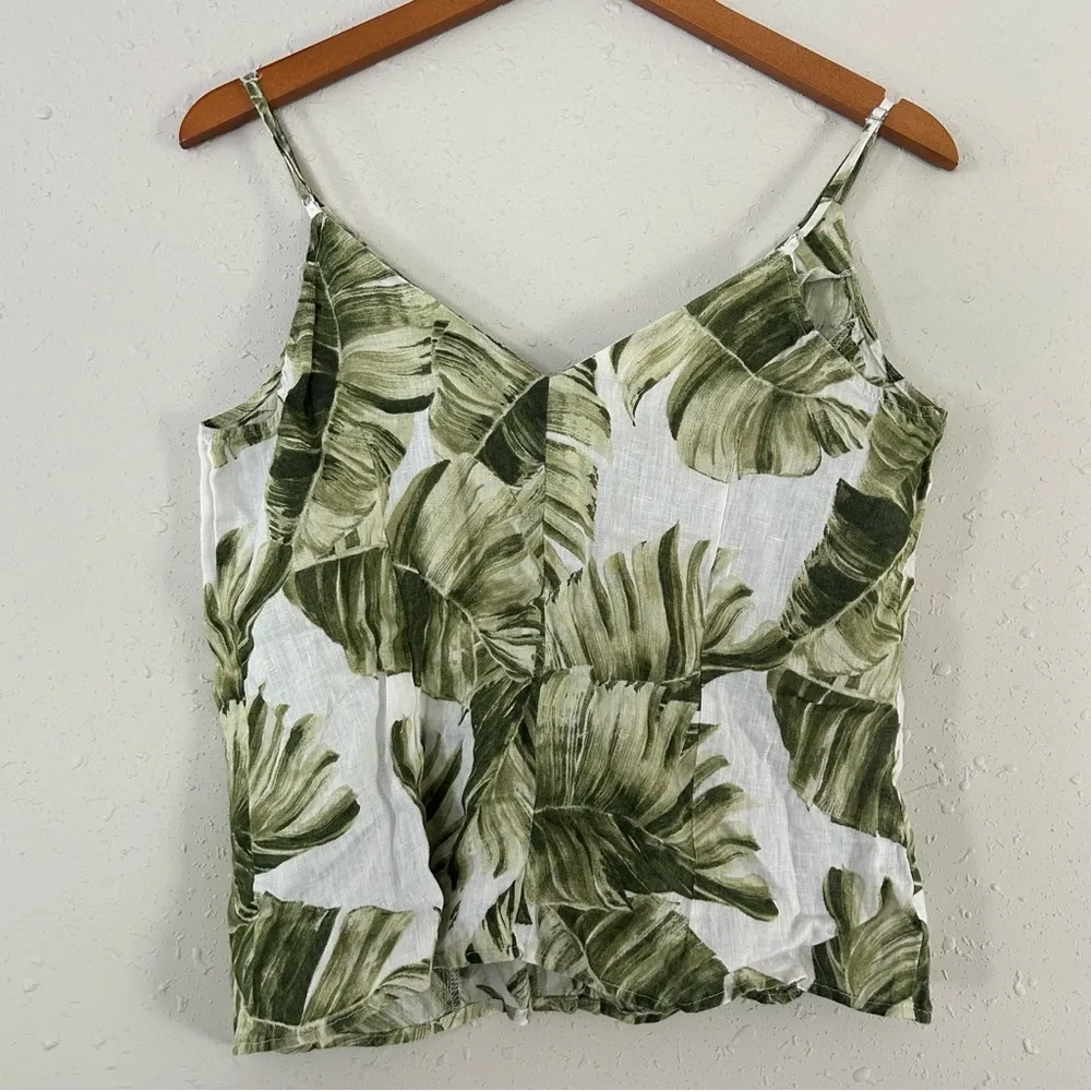 🦋 H&M White Green Palm Leaves Linen Tank Top Beach Vacation Medium - Image 2