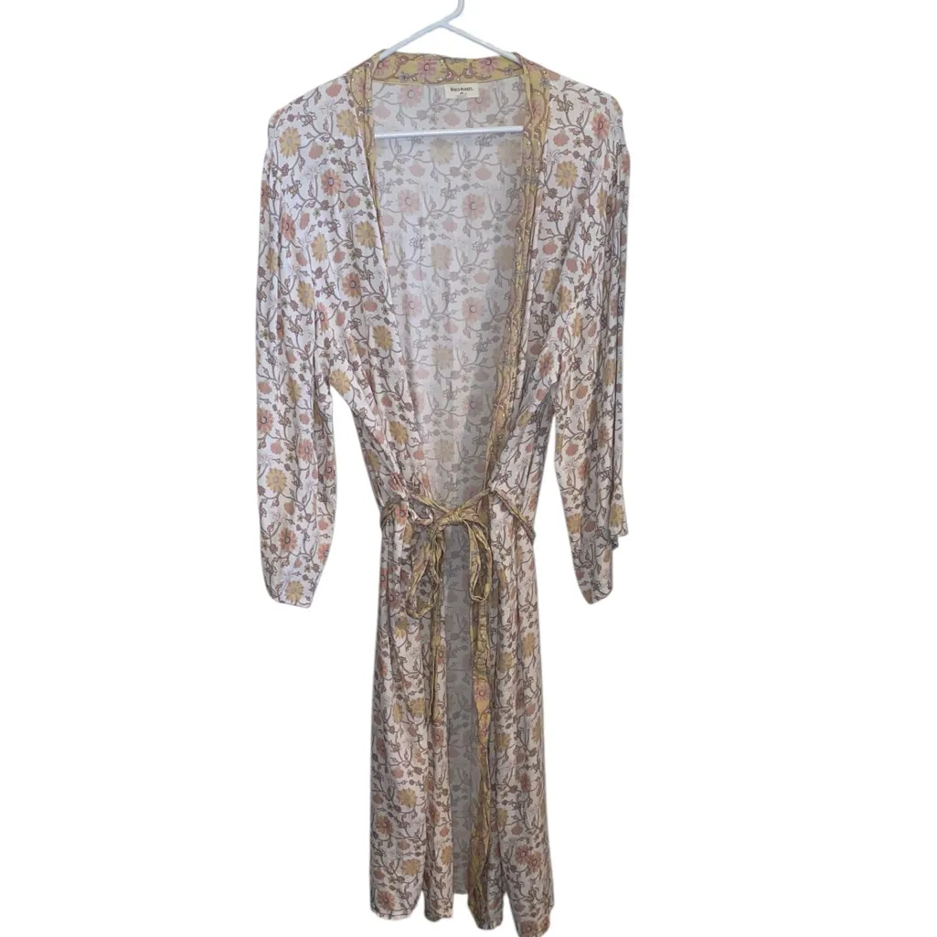 World Market Bohemian Floral Kimono Robe white tan Cotton coverup Resortwear Size undefined - Image 2
