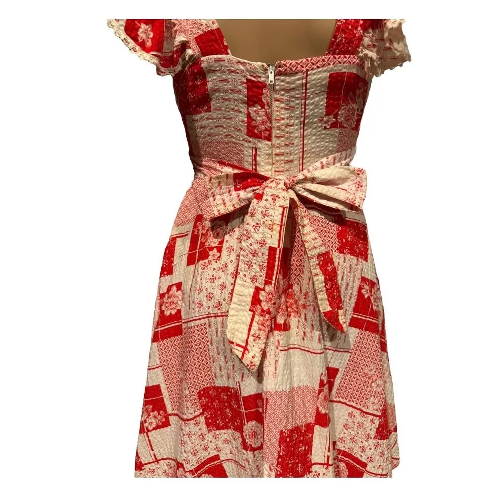 Vintage Ruffled Prairie Apron style red white floral patchwork dress size XS - Image 7