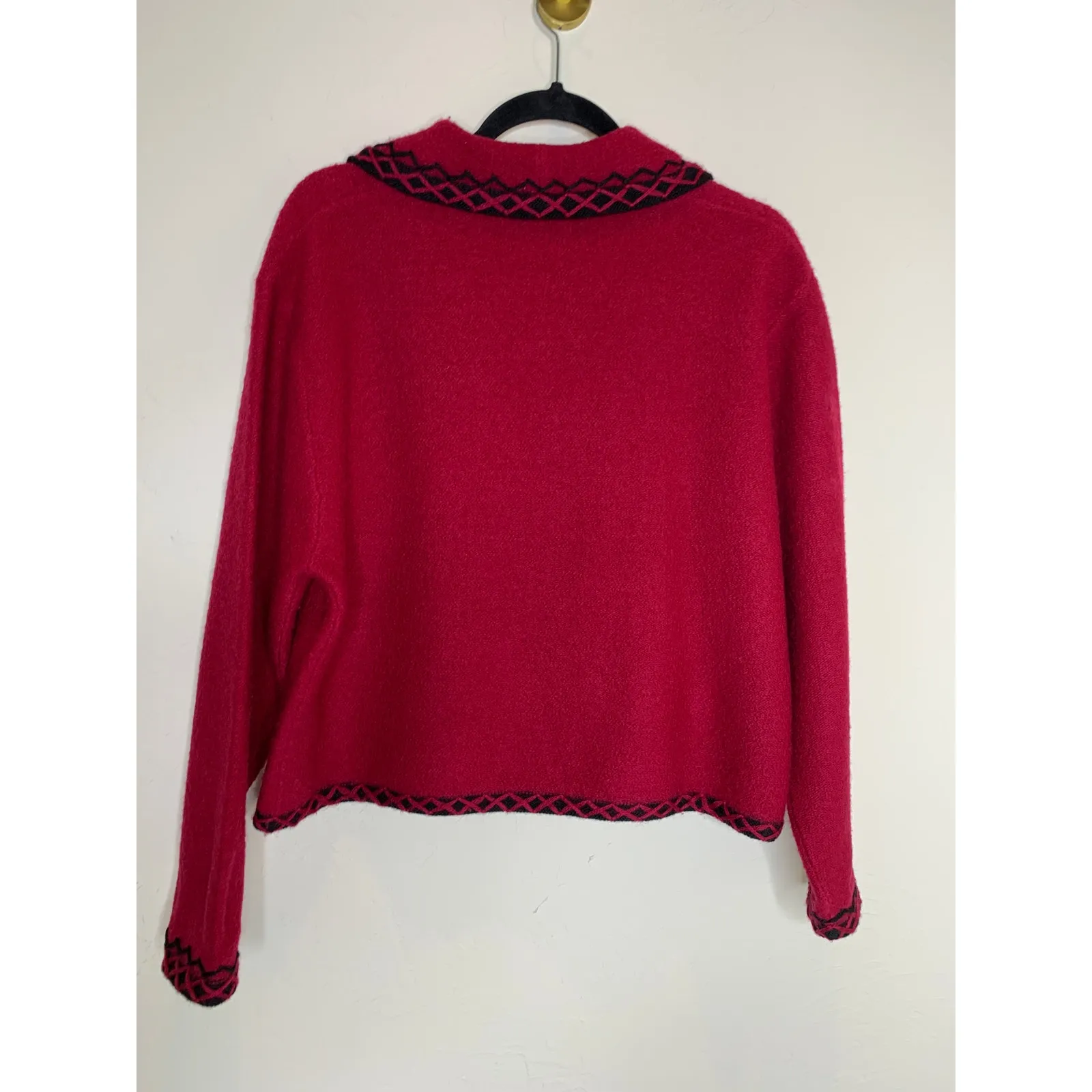 Red Wool Sweater Jacket Black Trim Vintage Christopher & Banks Sz Large - Image 6