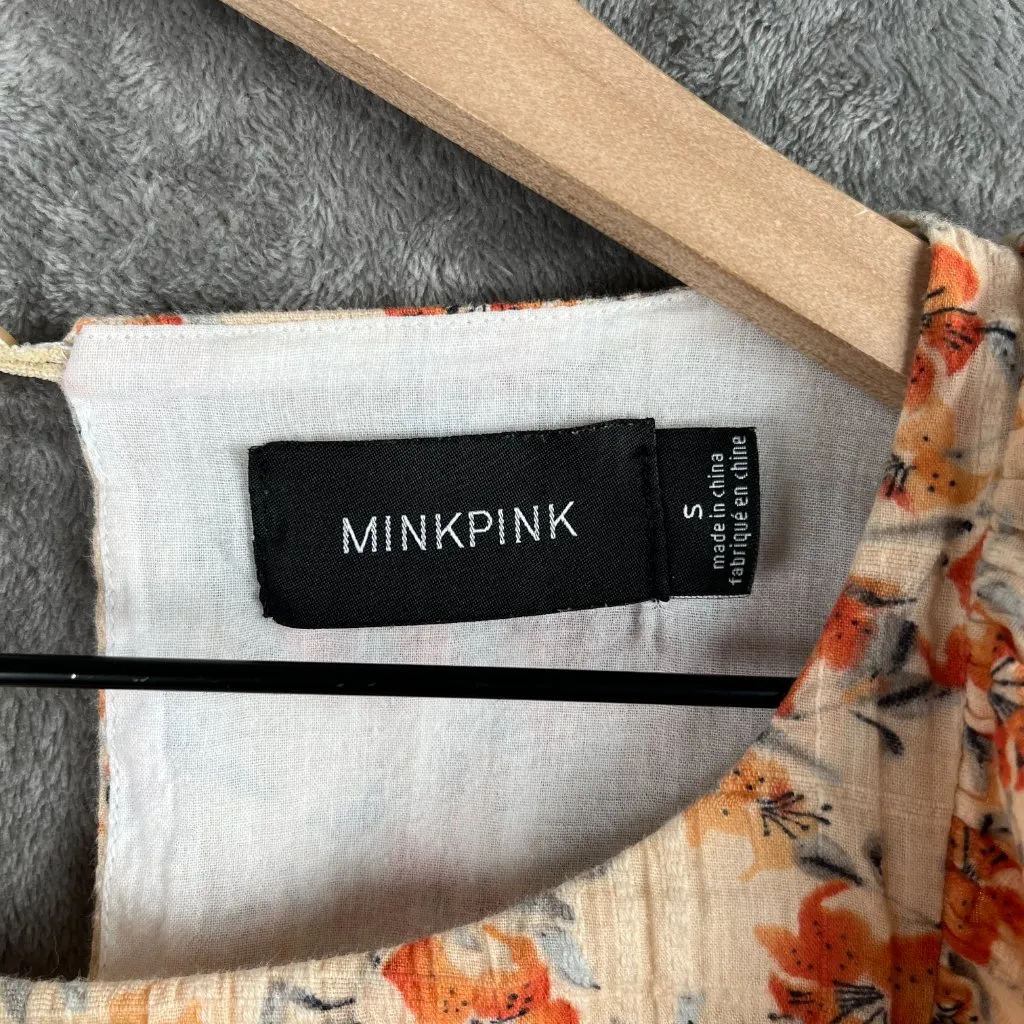 MINKPINK Zahari Mini Dress Women’s S Ruffle Floral Beige Stretchy Boho Summer - Image 5