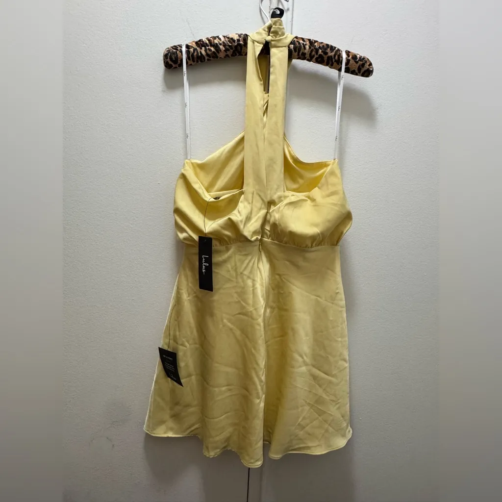 NWT Lulus Sleek Essence Butter Light Yellow Satin Halter Sleeveless Mini Dress - Image 3