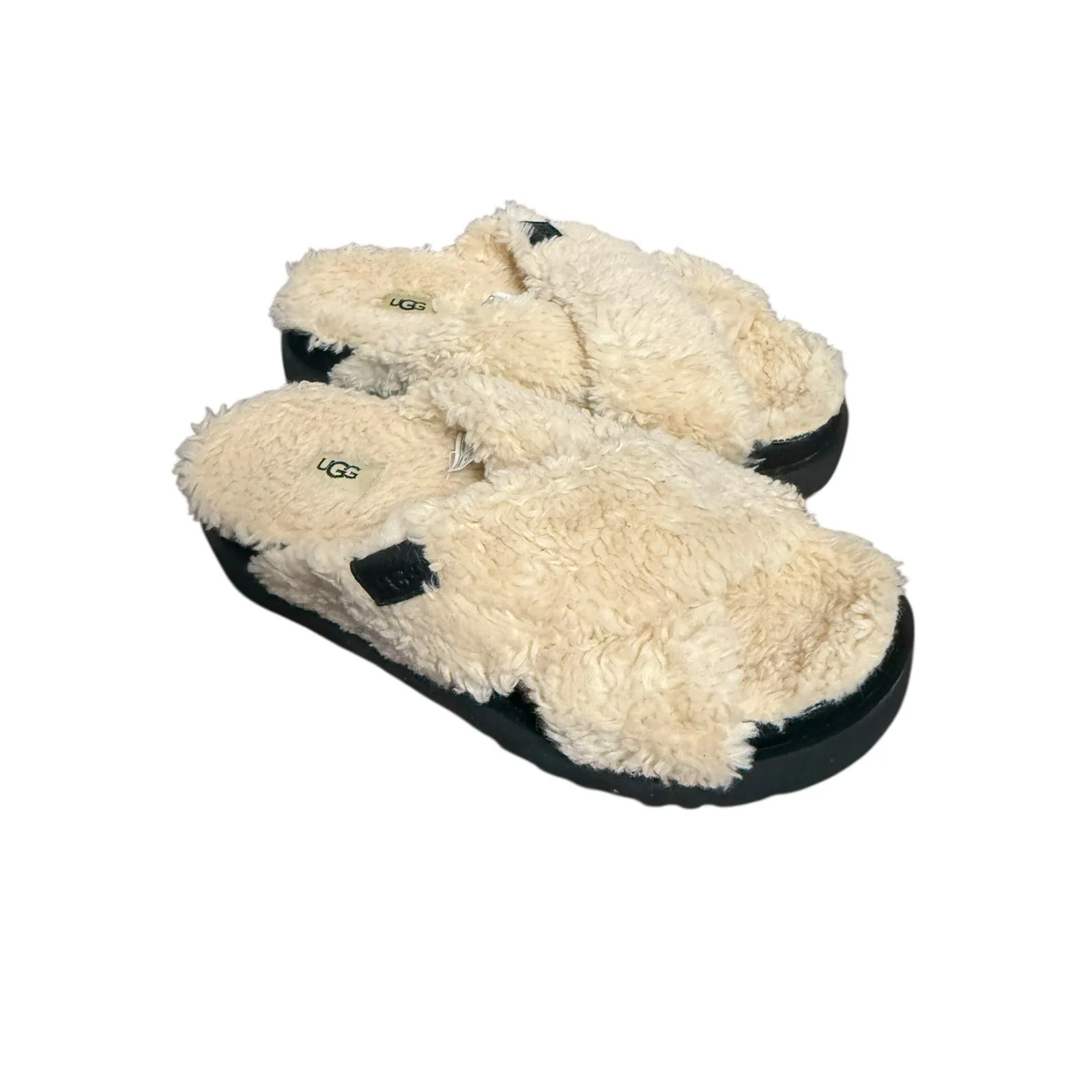 UGG Fuzz Sugar Cream Black Cross Platform Slip On Slide Slippers Women’s Size 9 - Image 5