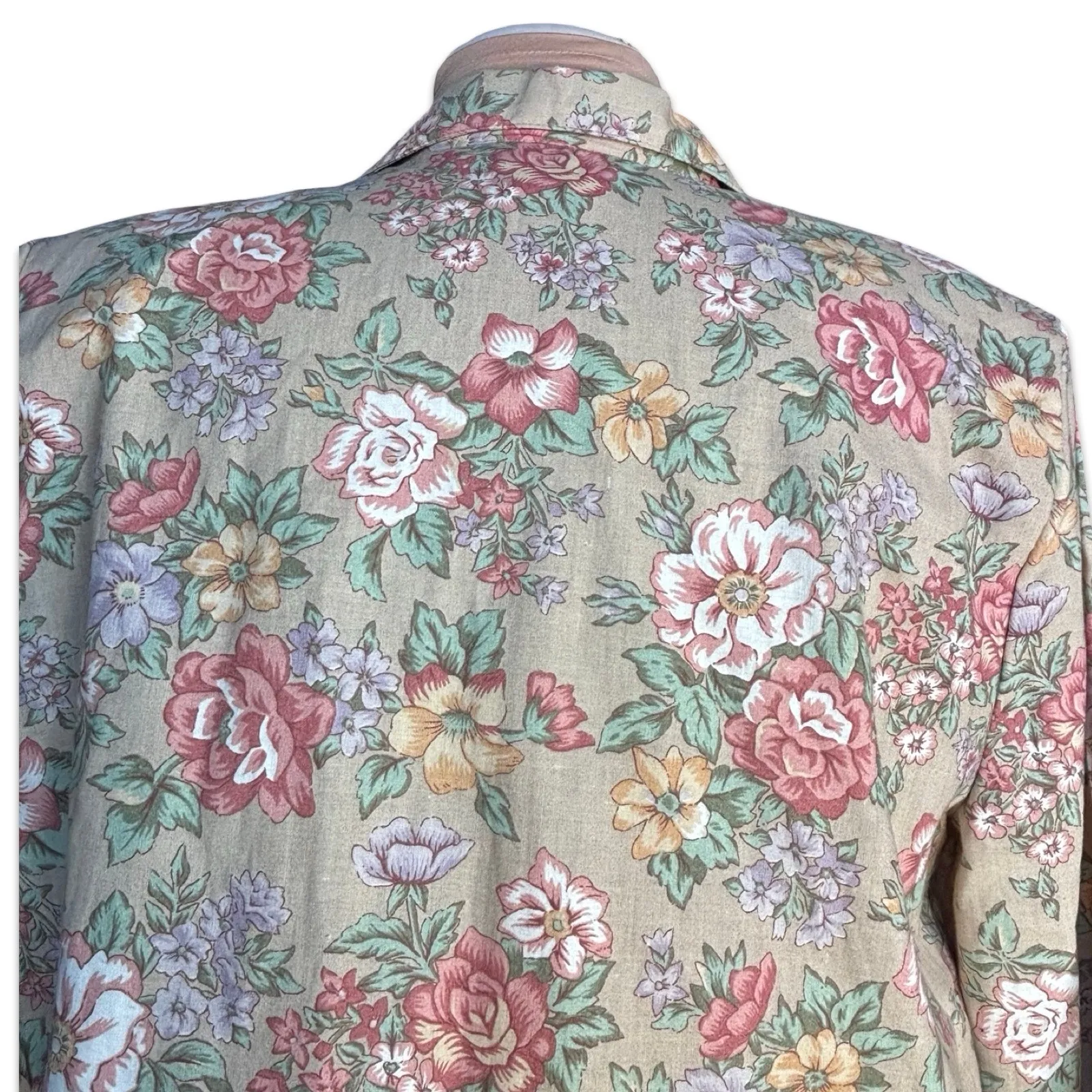 Vintage Floral Cotton Blazer Neutral Tan Rose Print USA Made Romantic Cottage Size M - Image 6
