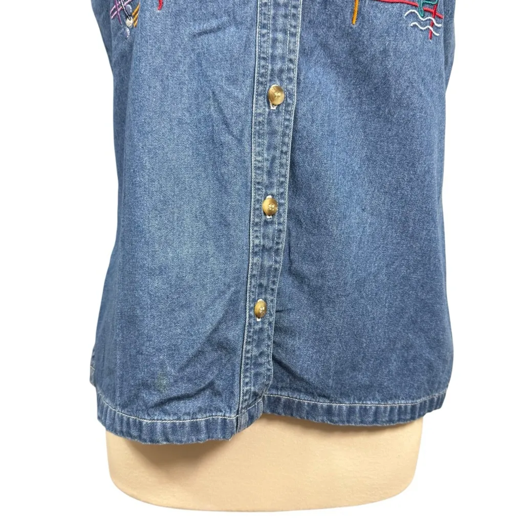 Vintage 90s Cabin Creek Sleeveless Denim Button Up Shirt Embroidered Fish - Image 3