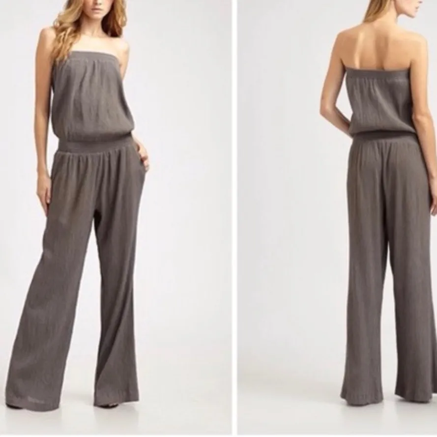 Drew Women’s Cotton Gauze Crinkle Strapless Straight Leg Jumpsuit Olive Romper M - Image 2