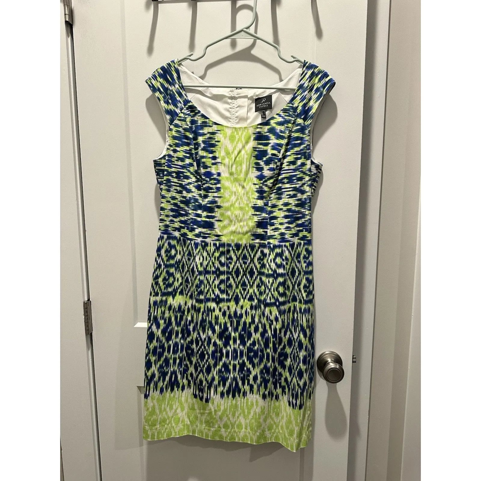 Adrianna Papell Dress Womens 10 Blue Green Ikat Sleeveless Shift Mermaid Ocean - Image 3