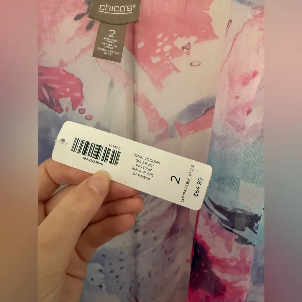 NWT Chico's Tonal Blooms Sheer Jacket Aqua Pearl Cardigan Shawl Size Large - Image 4