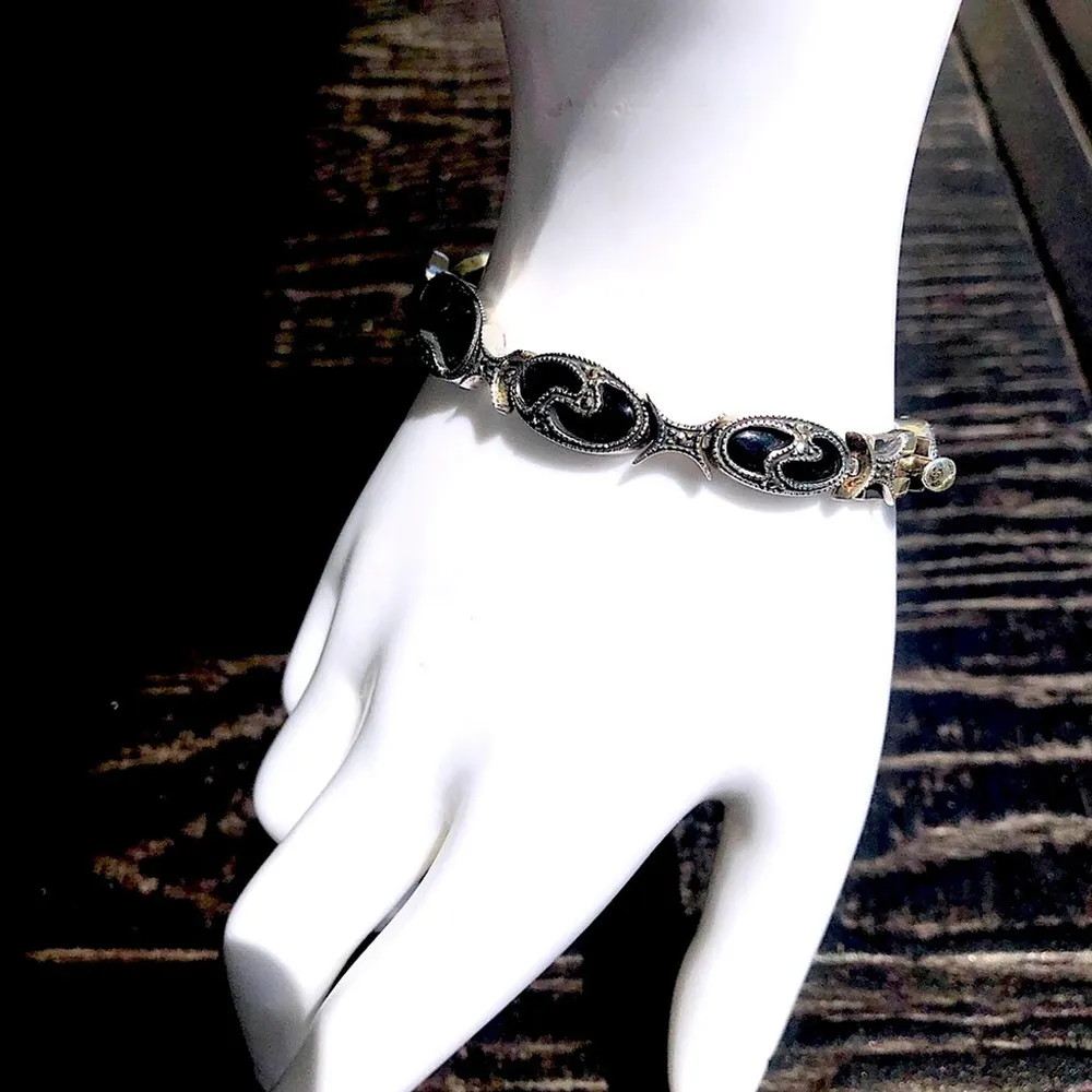 JUDITH JACK Vintage Black Onyx Marcasite Sterling Silver Art Deco Bracelet - Image 4