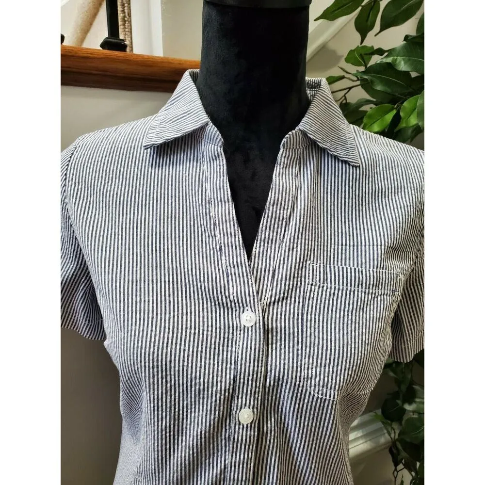 Karen Scott Women Blue / White Cotton Collared Short Sleeve Button Down Shirt PS - Image 3