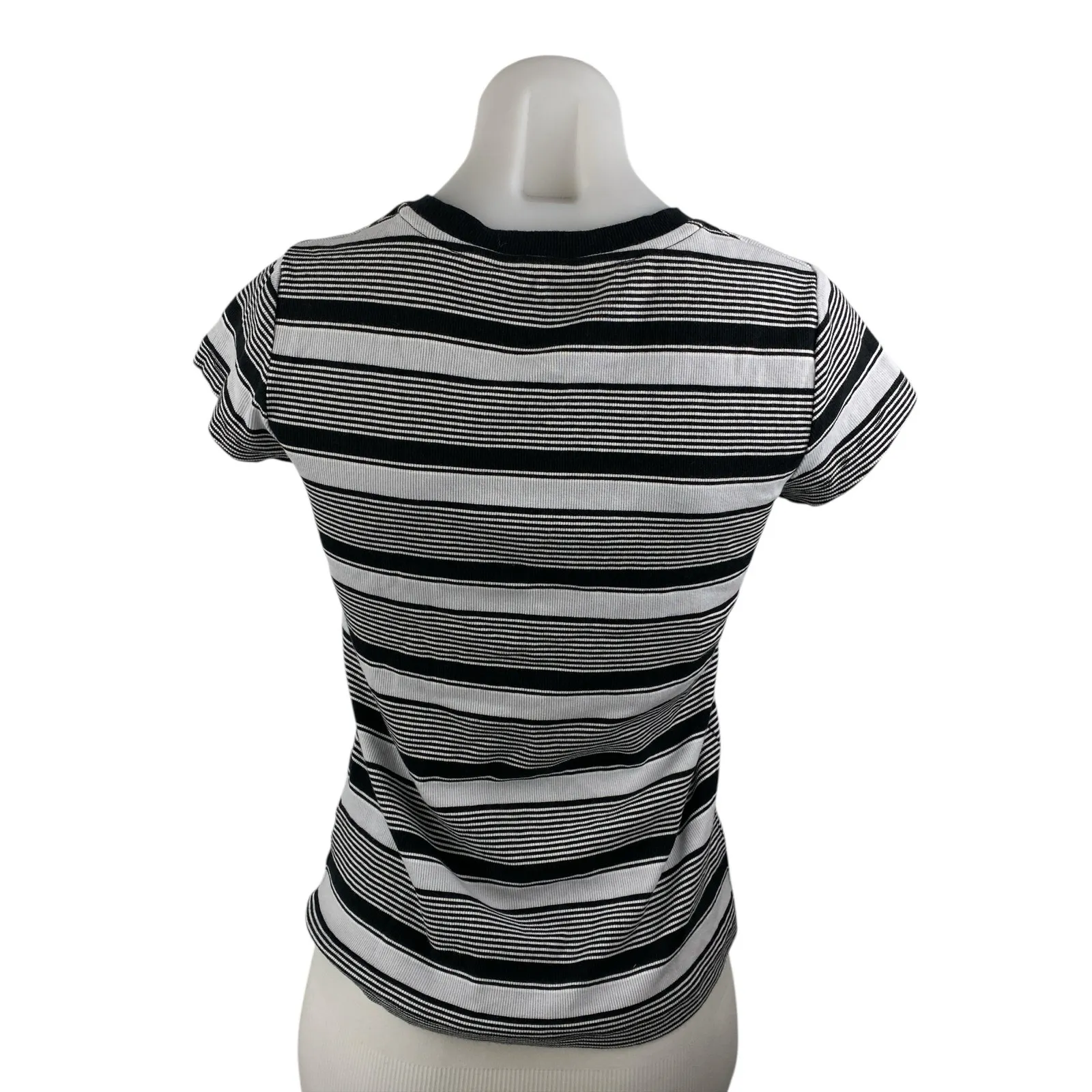 Club Monaco Women's Black Striped Short Sleeve Crew Neck T Shirt Tee Top Size M - Image 2