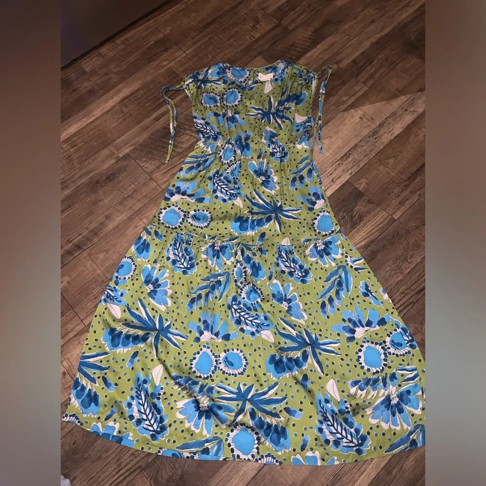Vera for Anthropologie satin green blue bonnet floral dress $258 boho spring - Image 7