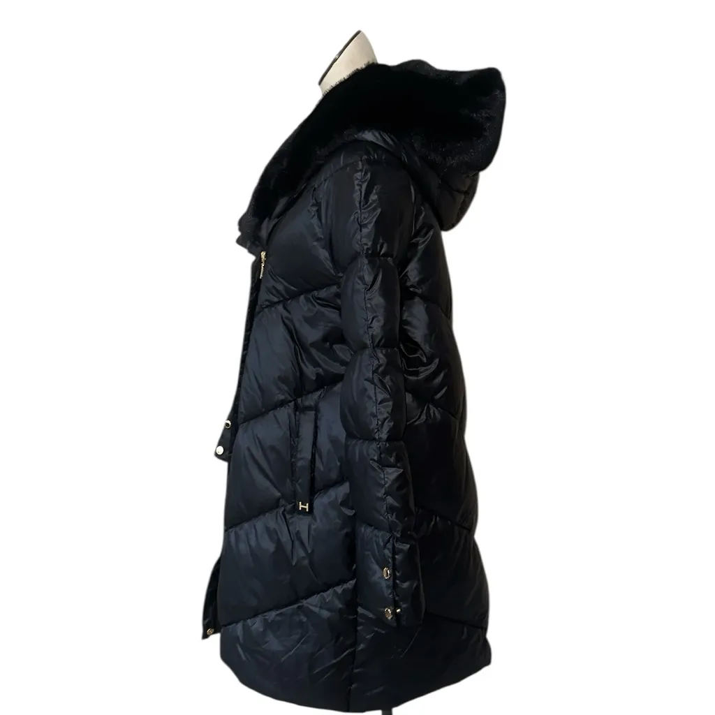 NWOT H HALSTON  Ayssmetrical Shine Fabric Faux Fur Collar Puffer Jacket Black XL - Image 3