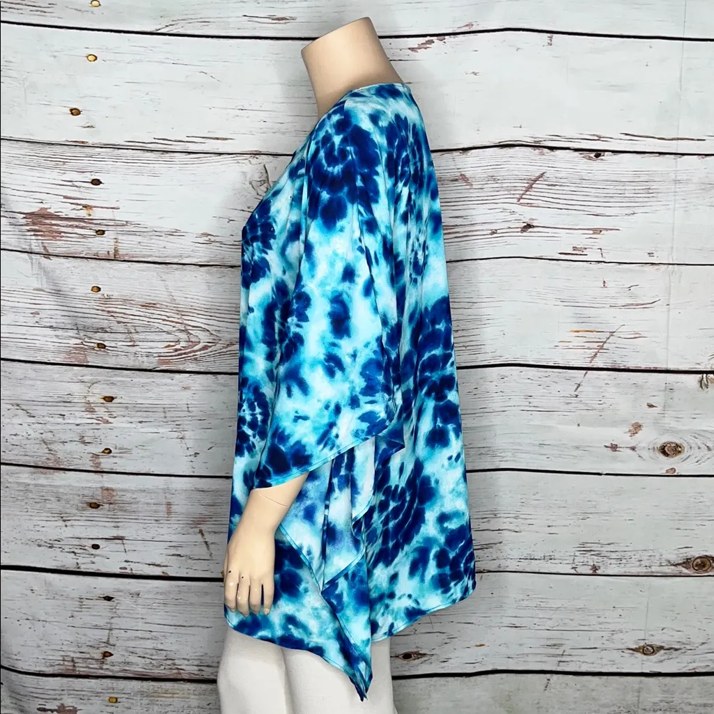Quacker Factory Size 4X Blue Tie Dye Embellished Caftan Poncho Blouse Top - Image 2