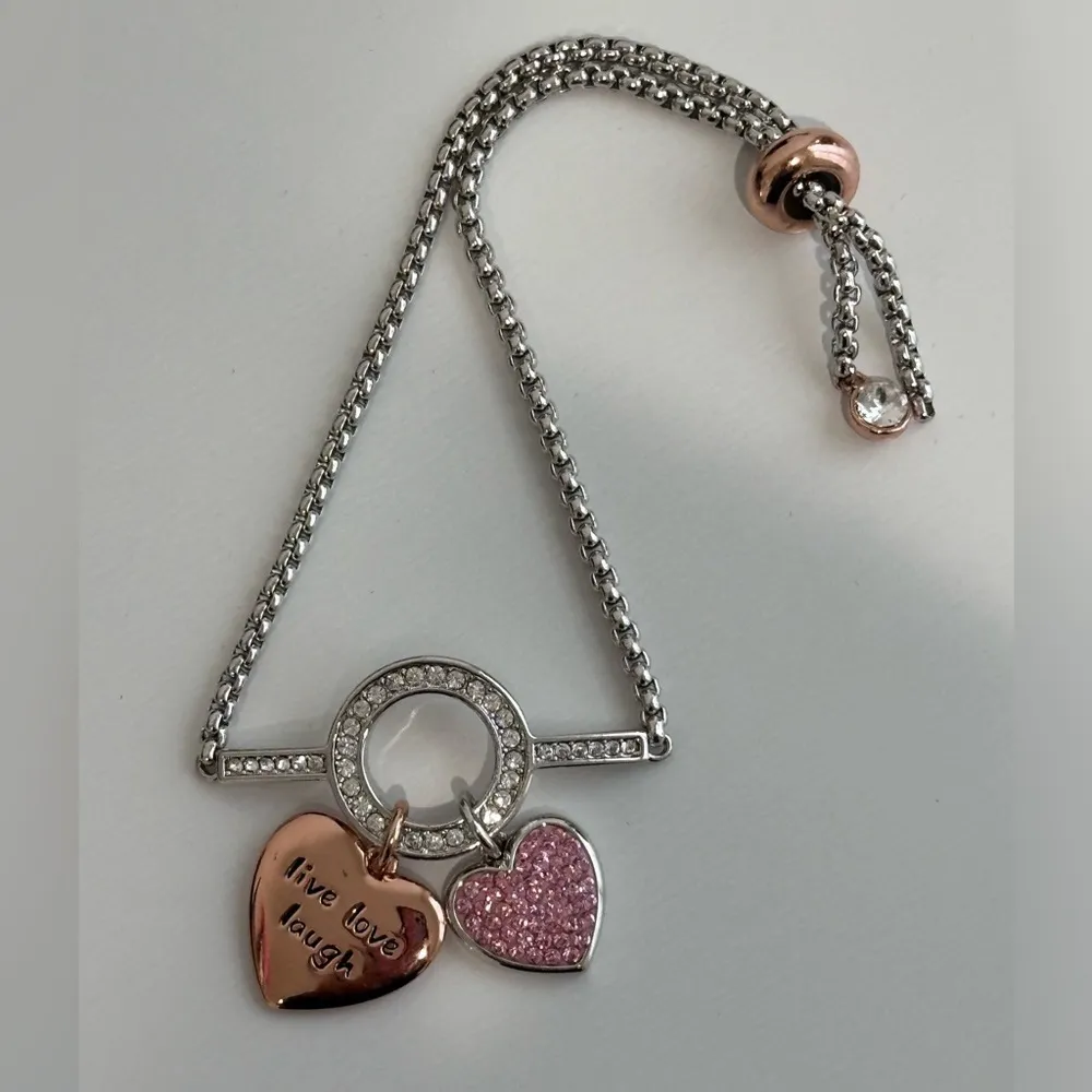 Live Laugh Love Silver Bracelet With Pink Crystal Heart Feminine Girly Gift - Image 4