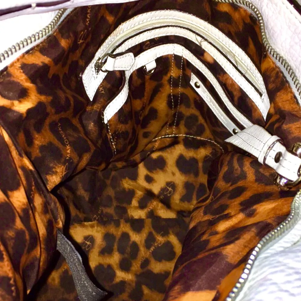 B. MAKOWSKY Ivory White Leather Hobo Bag with Ocelot Leopard Print Lining - Image 2