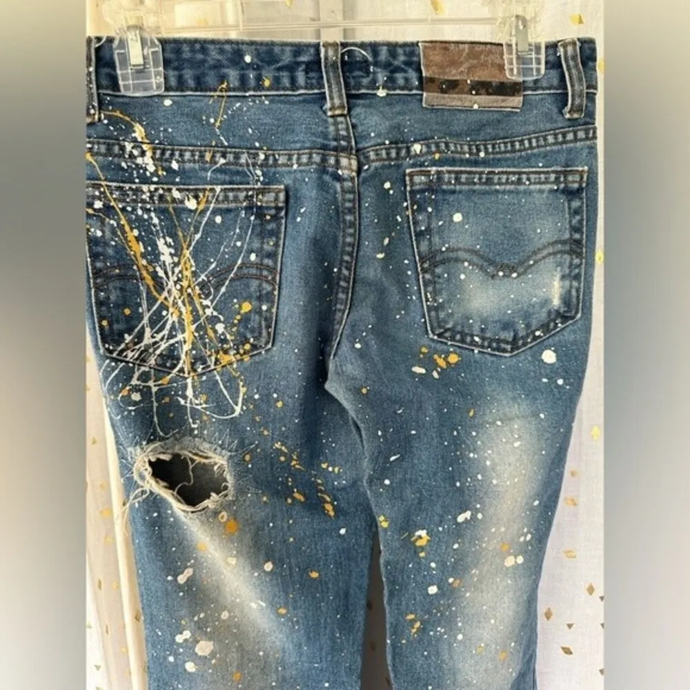 Over Lap 100% Cotton Paint Splatter Distressed Flare Wide Leg Denim Jeans M Blue Size 30 - Image 6