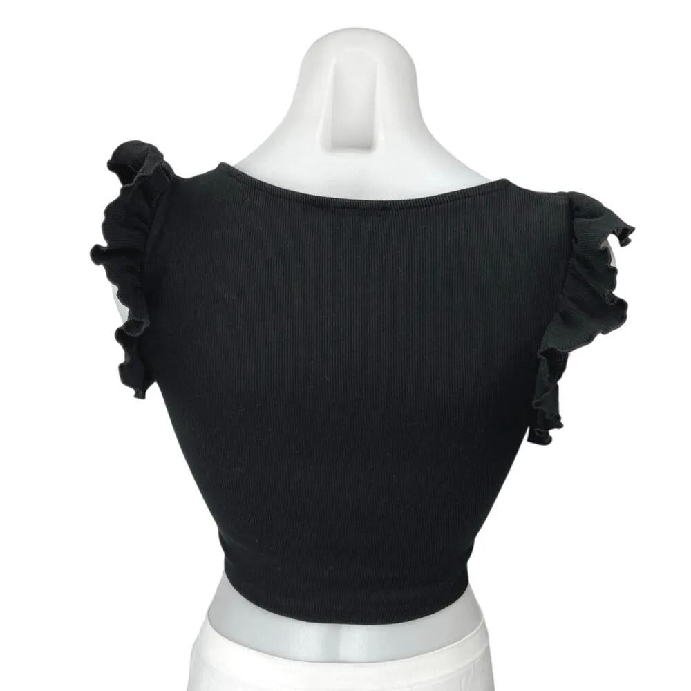 Zara Black Rib Knit Ruffle Flutter Sleeve V-Neck Drawstring Cropped Top Size M - Image 2