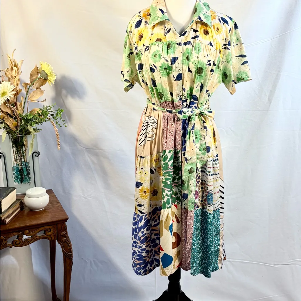 Yak & Yeti Patchwork Floral Button Front Midi Dress Size Medium🧡 Green - Image 10