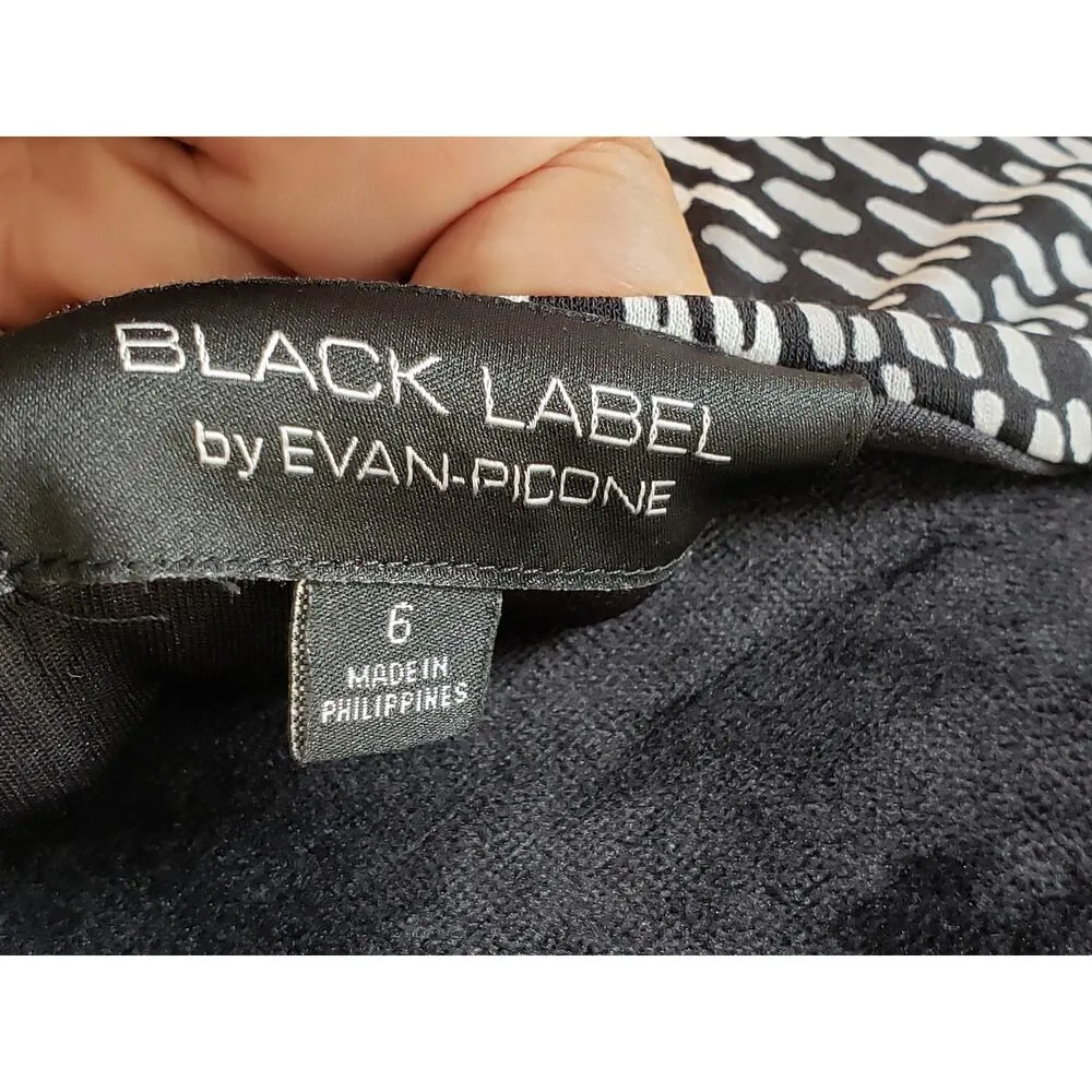 Black Label Wrap Dress Women's 6 Black White Geo Print Long Sleeve Waist Belted - Image 3