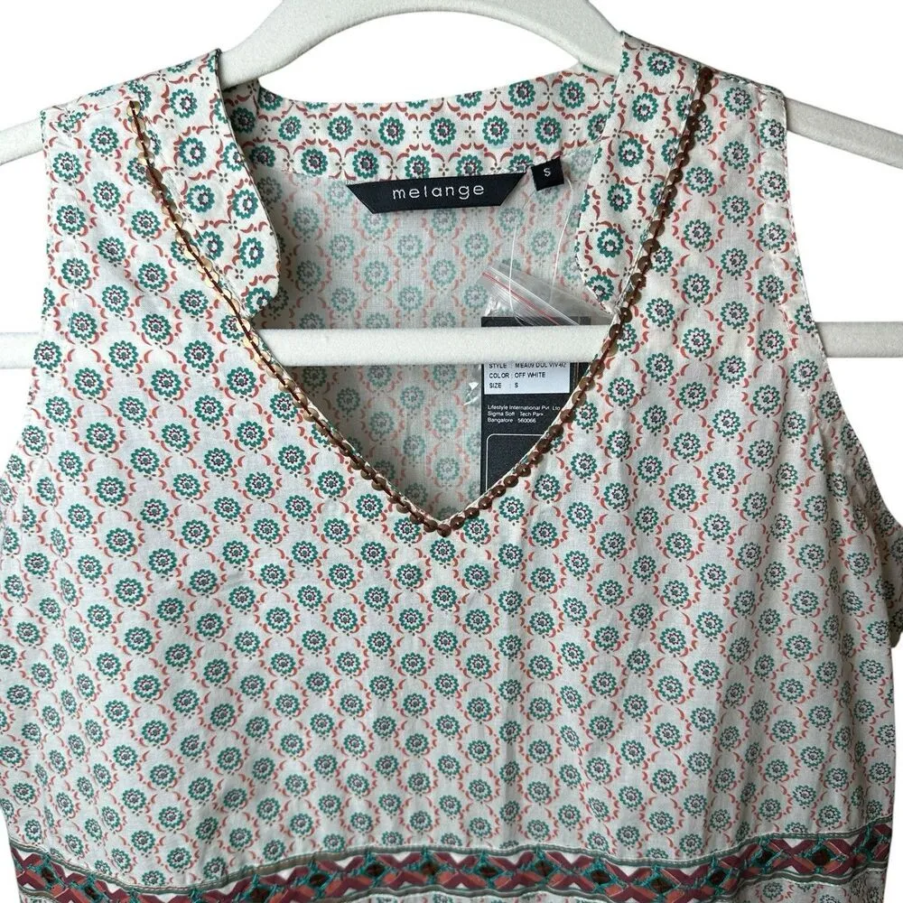 Melange Sleeveless Tunic Top Small | Boho Floral Geometric Ethnic Print V - Image 3