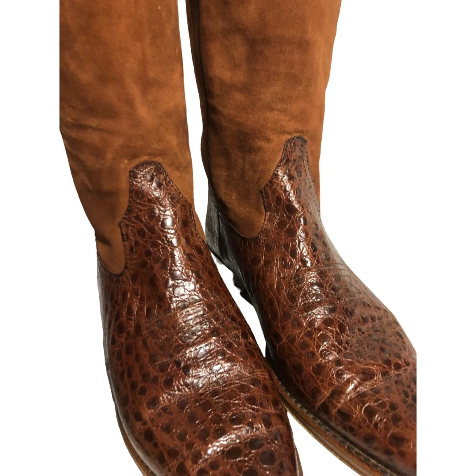 1990s Armando Pollini Brown Leather & Suede Western Tall Boots Size 6.5 - Image 4