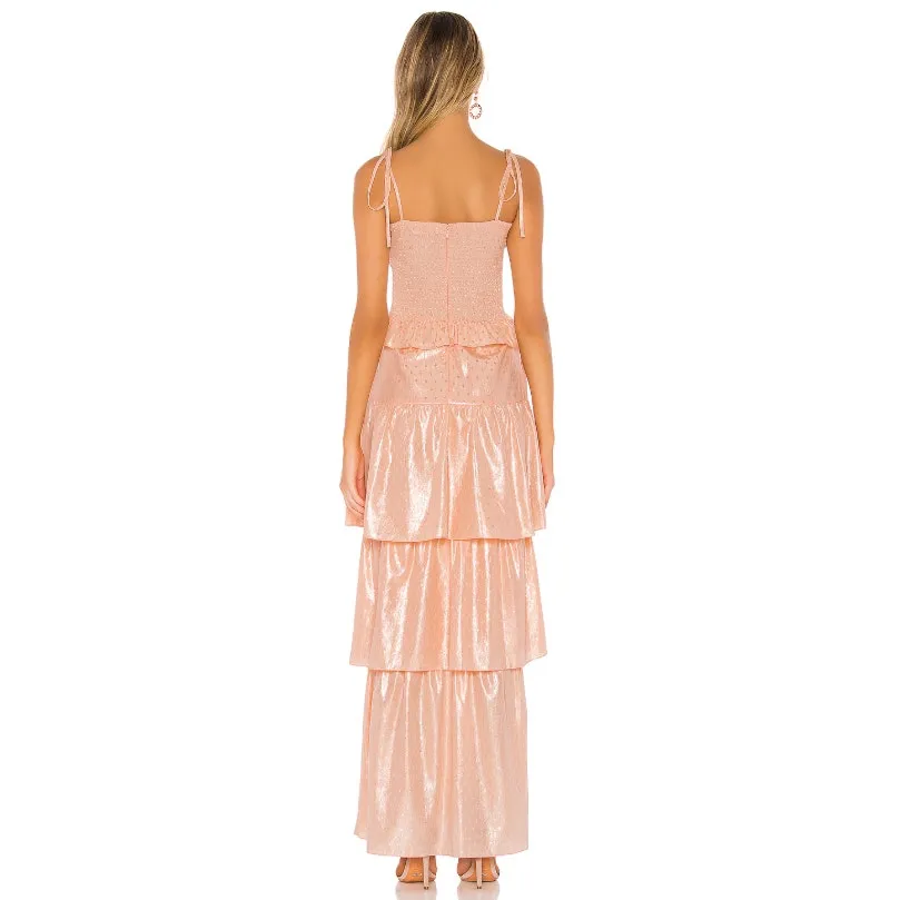 Amanda Uprichard Duchess Smocked Shirred Tiered Maxi Gown Dress Peach Medium - Image 3