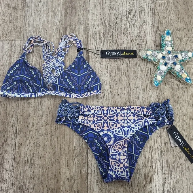 NEW! GYPSY 05 SAND Bikini Size S Small Racerback Top Cheeky Bottoms Blue Tile - Image 4