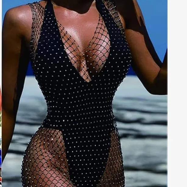 NWT RHINESTONE MESH BEACH COVER UP S Silver - Image 2