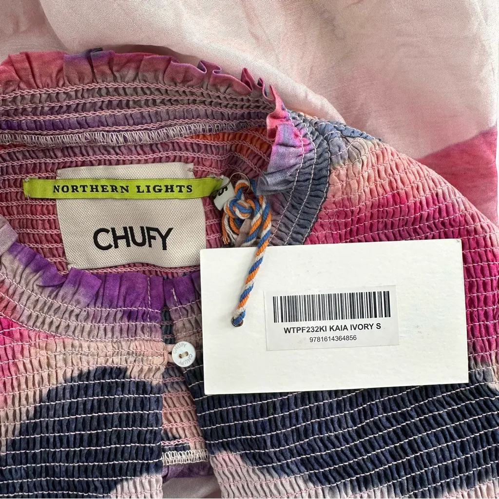 Chufy Northern Lights Kaia Ivory Watercolor Top sz Small Ruffle Tie Dye Stripes Pink - Image 11