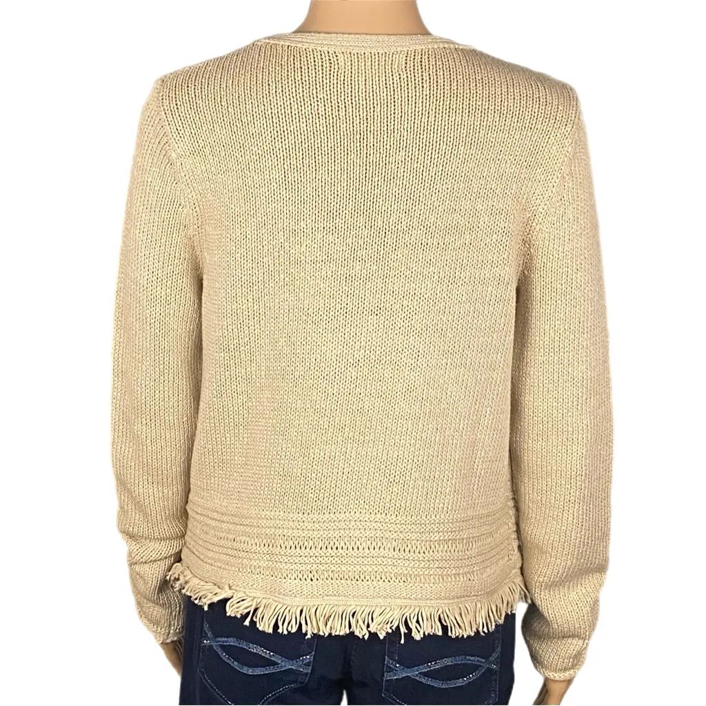 ARTISAN NY butter cream crew neck knit Sweater with fringe at the hem Small - Image 10