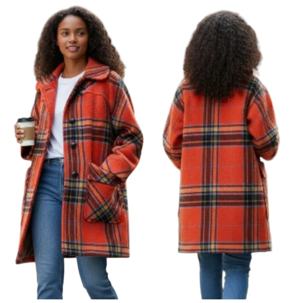 Vintage Baron Woolen Mills Plaid Wool Car Coat Red Tartan Women 8 F248 Size M - Image 2