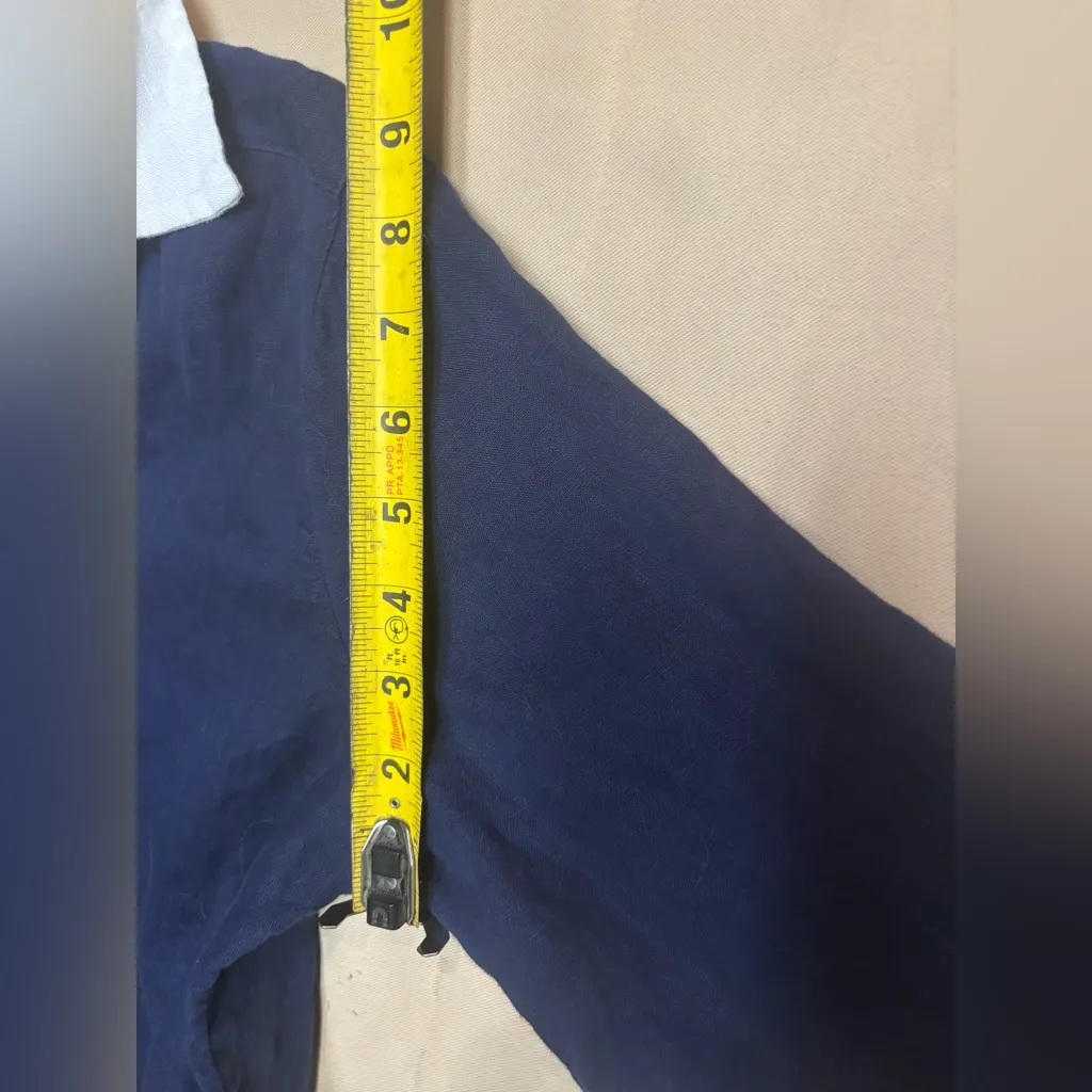 Isaac Mizrahi 100% Linen Womens Sz M V-Neck Blouse Tunic Navy Blue White Trim - Image 10