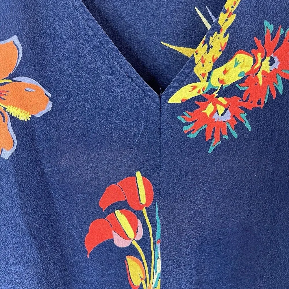 Madewell Size XXS Bird of Paradise Tie Front Silk Top V-Neck Shirt Sleeve Blouse - Image 5