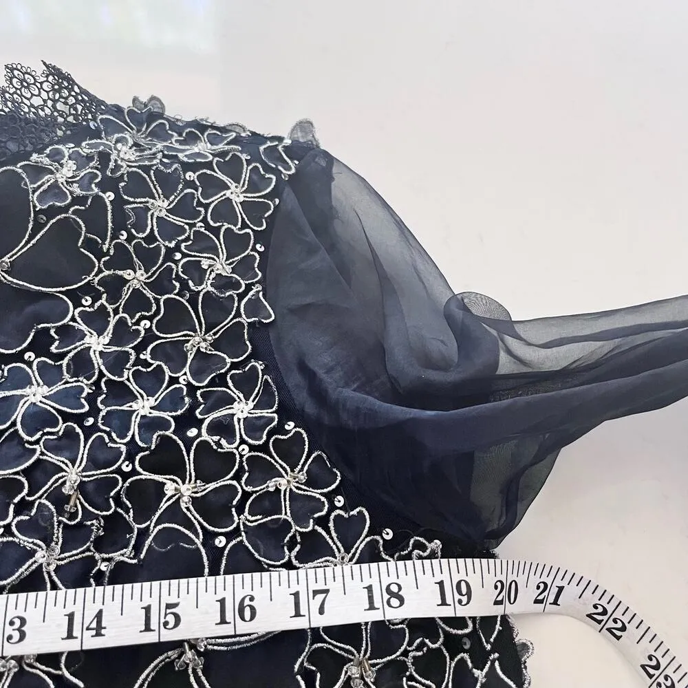 Elie Tahari Navy Silver Floral Lace Sheer Organza Silk Bomber Jacket Size Medium - Image 11