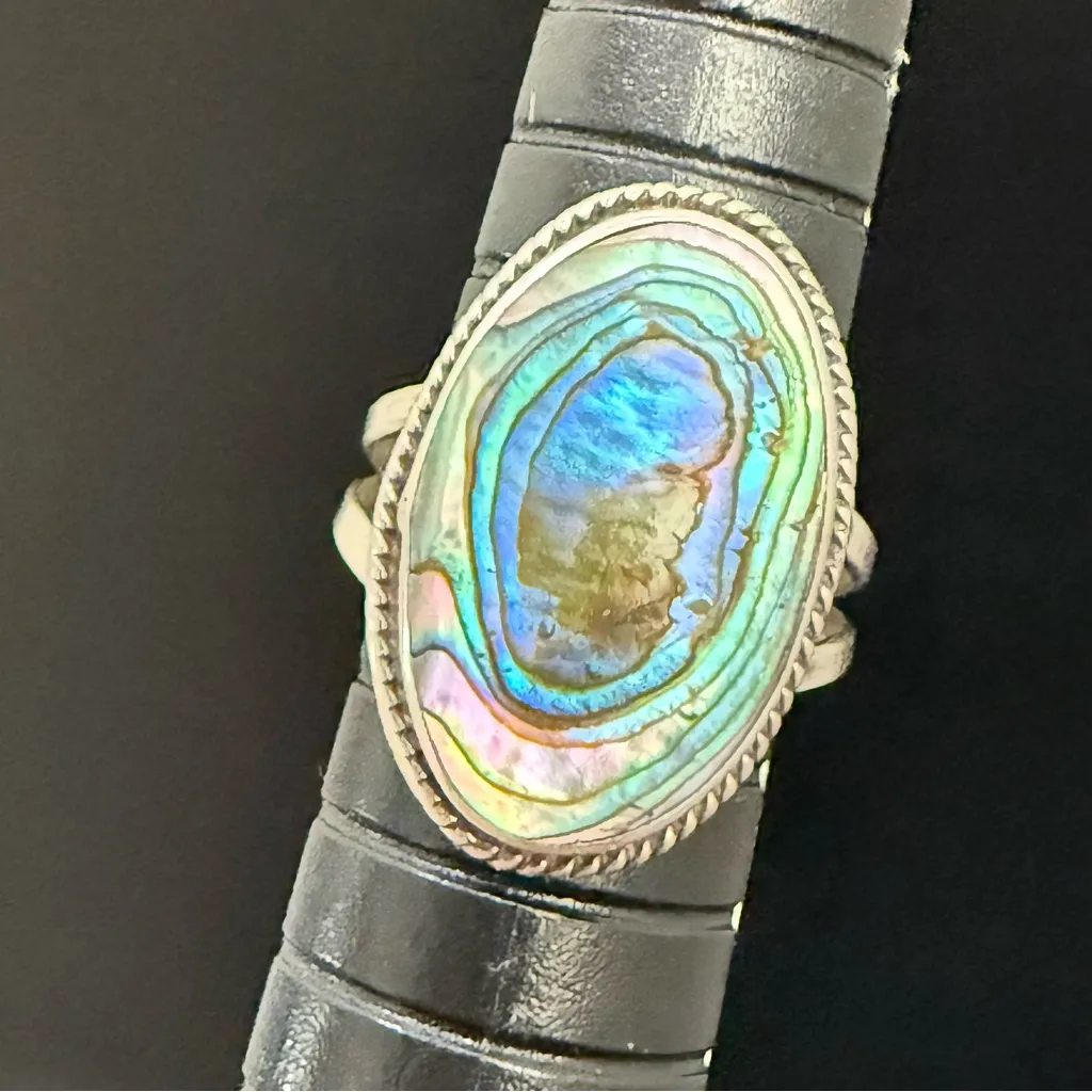 Vintage Signed Mexican Silver Oval Abalone Shell Women’s Ring Size 5 3g. Blue - Image 2