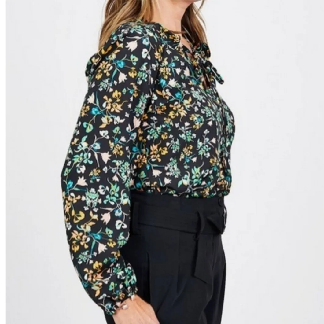 BCBGeneration Long Sleeve Ruffle Keyhole Floral Blouse - Image 2