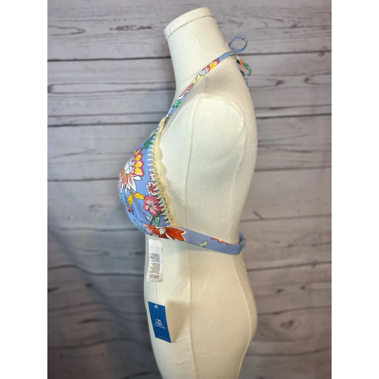 NWT Floral Bikini Top Large Blue Multicolor Crochet Trim Swimwear - Image 3