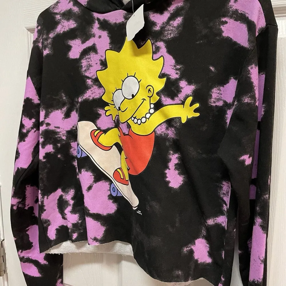 Women's XS Black & Purple Tie Dye Lisa Simpsons Long Sleeve Hooded Crop Top NWT Size 0 - Image 2