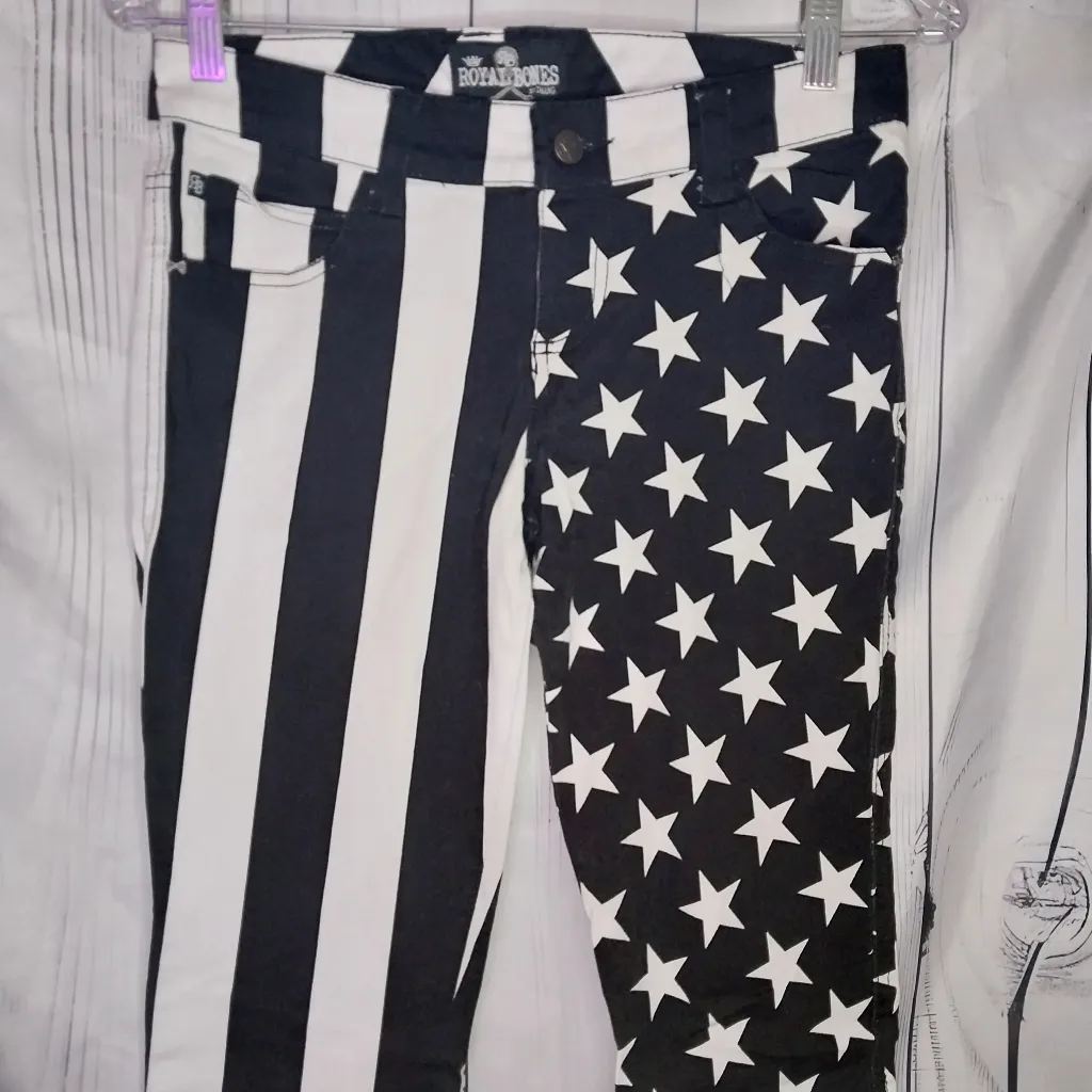Royal Bones By Tripp NYC Black White Star Split Leg Punk Goth Skinny Jeans - Image 3
