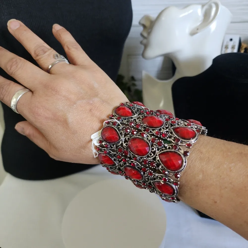 Silver Red Extra Wide Open Cuff Stretch Bracelet - Image 5
