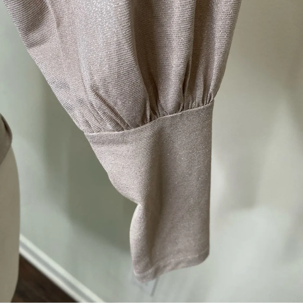 Ann Taylor Surplice Neck Ruched Waist Bishop Sleeve Shimmer Sweater Top XS Beige - Image 7