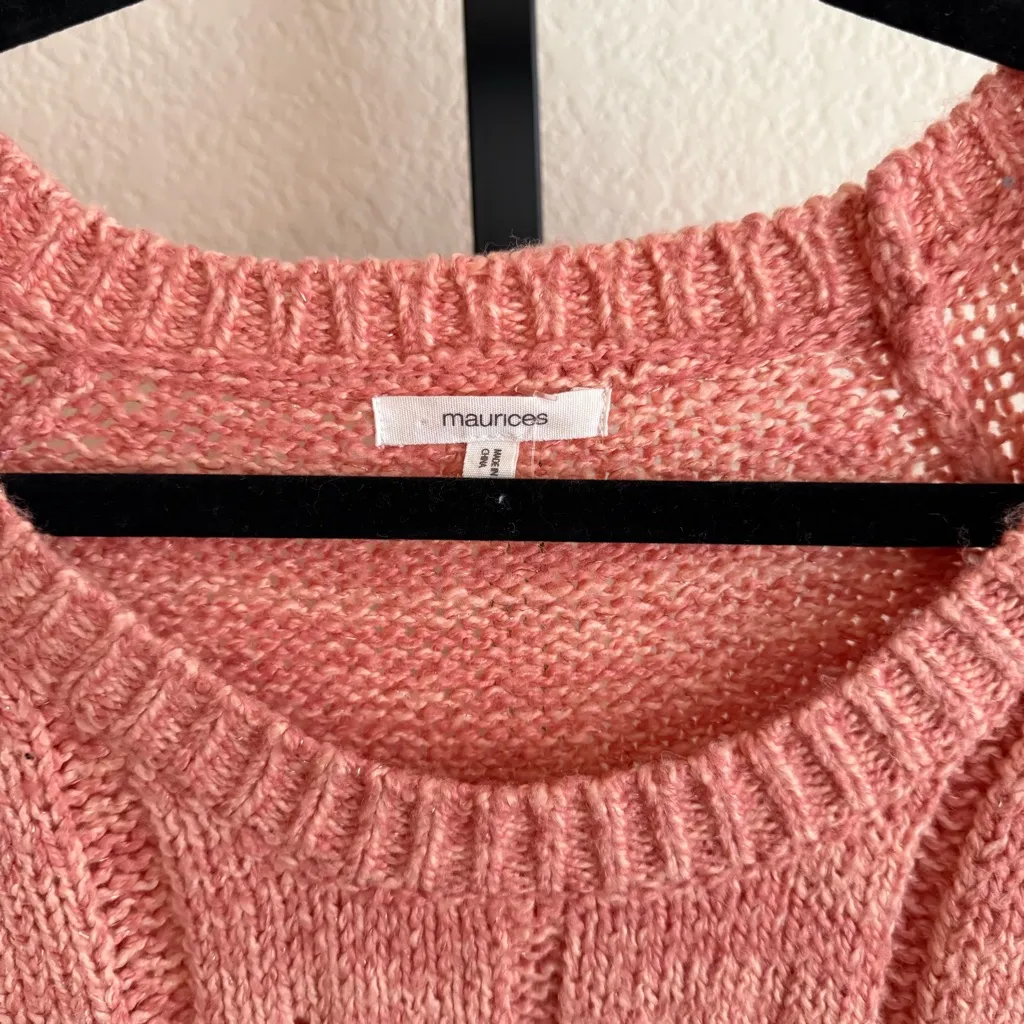 Soft Knit Textured Open Weave Cozy Scoop Neck Sweater Pink Layering Top Large - Image 3