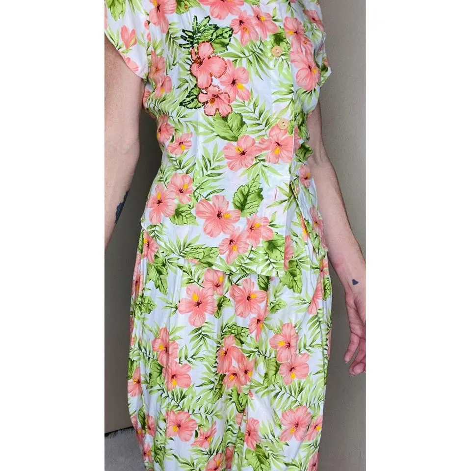 Vintage First Vision Green & Pink Hibiscus Floral Tropical Sequin Pant Shirt Set - Image 2