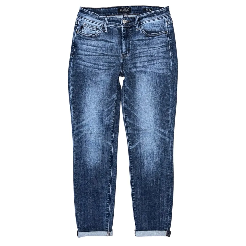 Judy Blue Miles City Mid Rise Cuffed Slim Fit Jeans Dark Blue Sz 7 / 28 JB82428 - Image 2