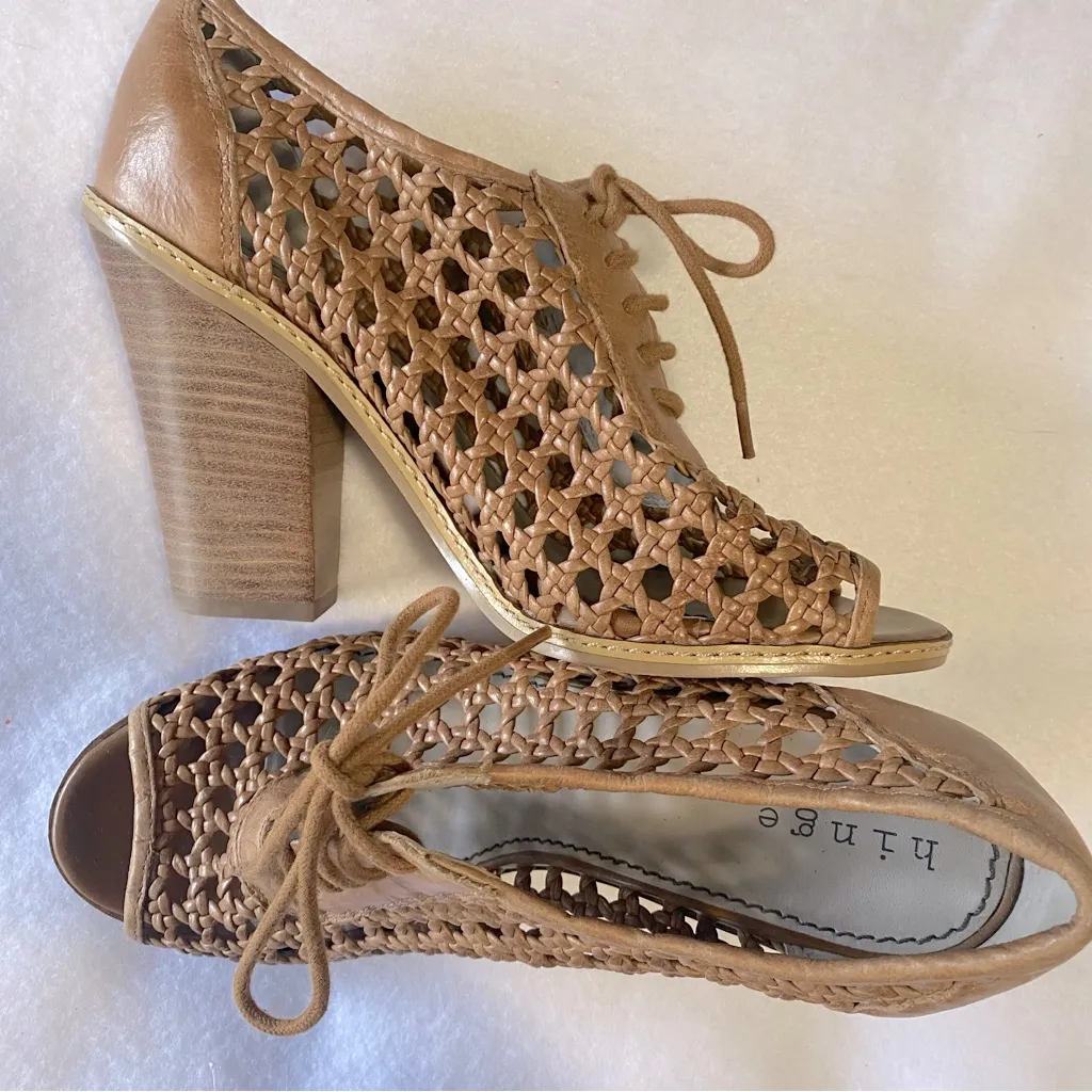 Hinge Tan Leather Rattan Lattace Woven Peep Toe Lace Up bootie stacked heels 9 - Image 2