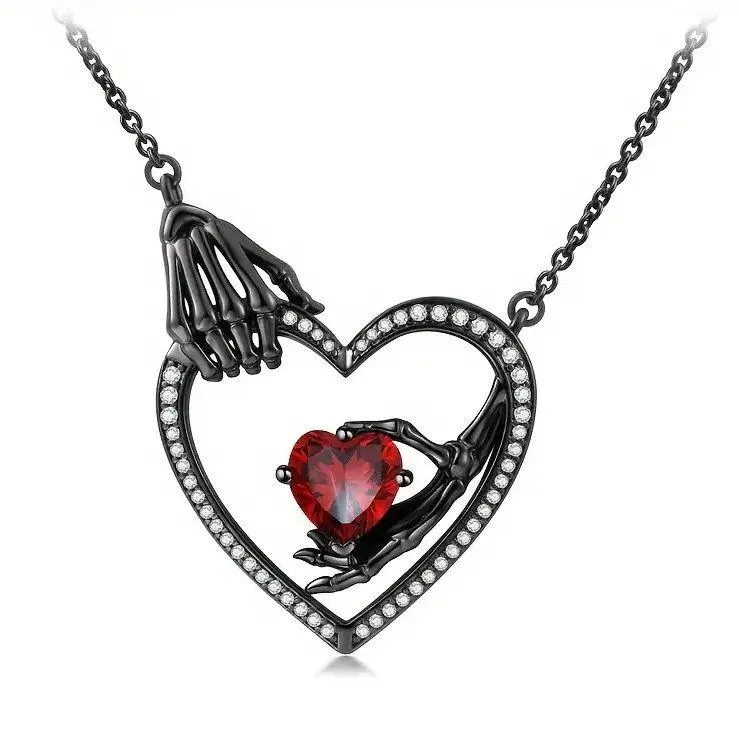 NEW Gothic Skeleton Hand Red Crystal Heart Pendant Necklace Black Gothic Jewelry - Image 4
