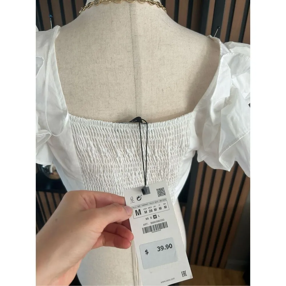 ZARA Poplin Puff Sleeve Button Crop Top white size medium - Image 2