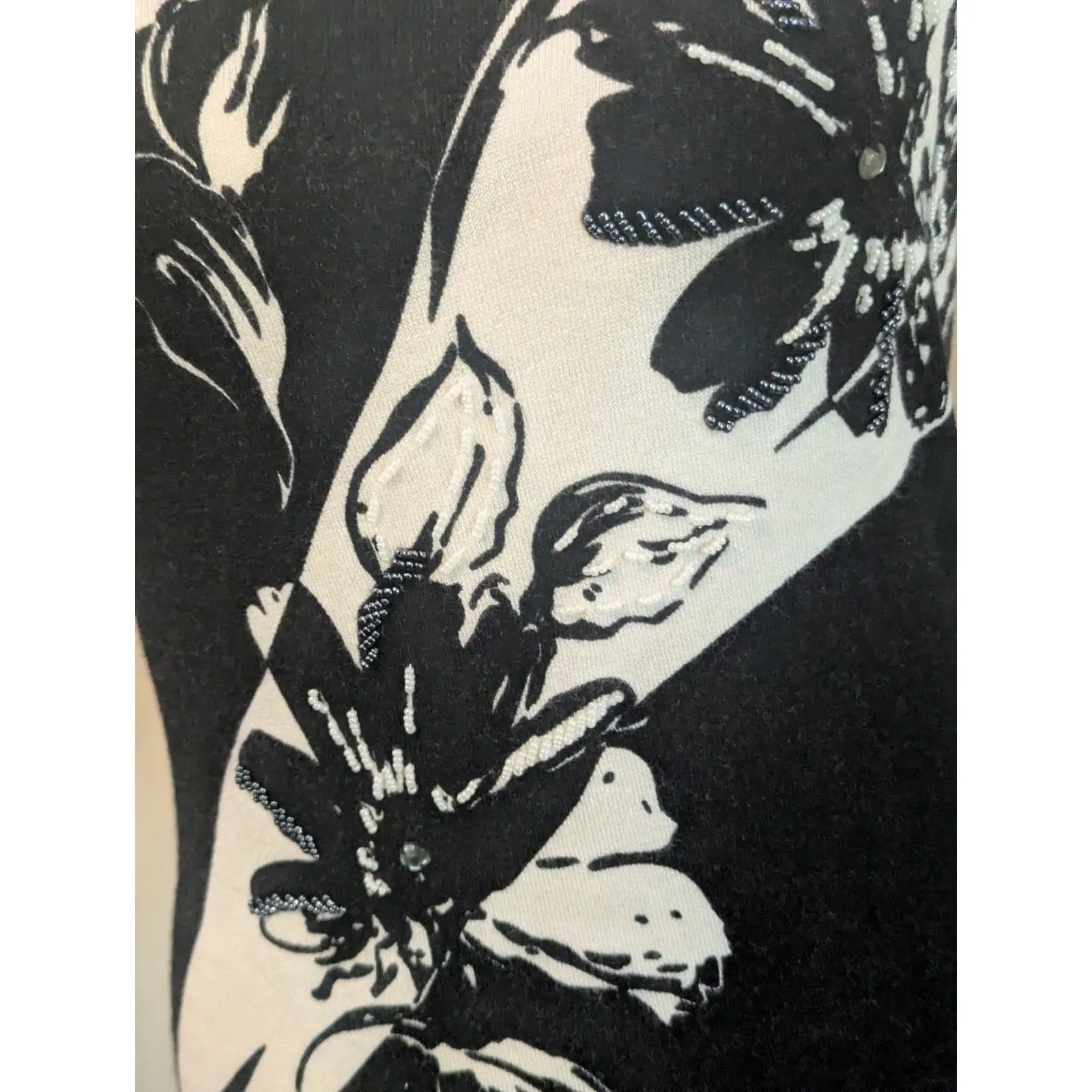 Pierri New York Black & White Abstract Floral Knit Sweater S Beaded - Image 2